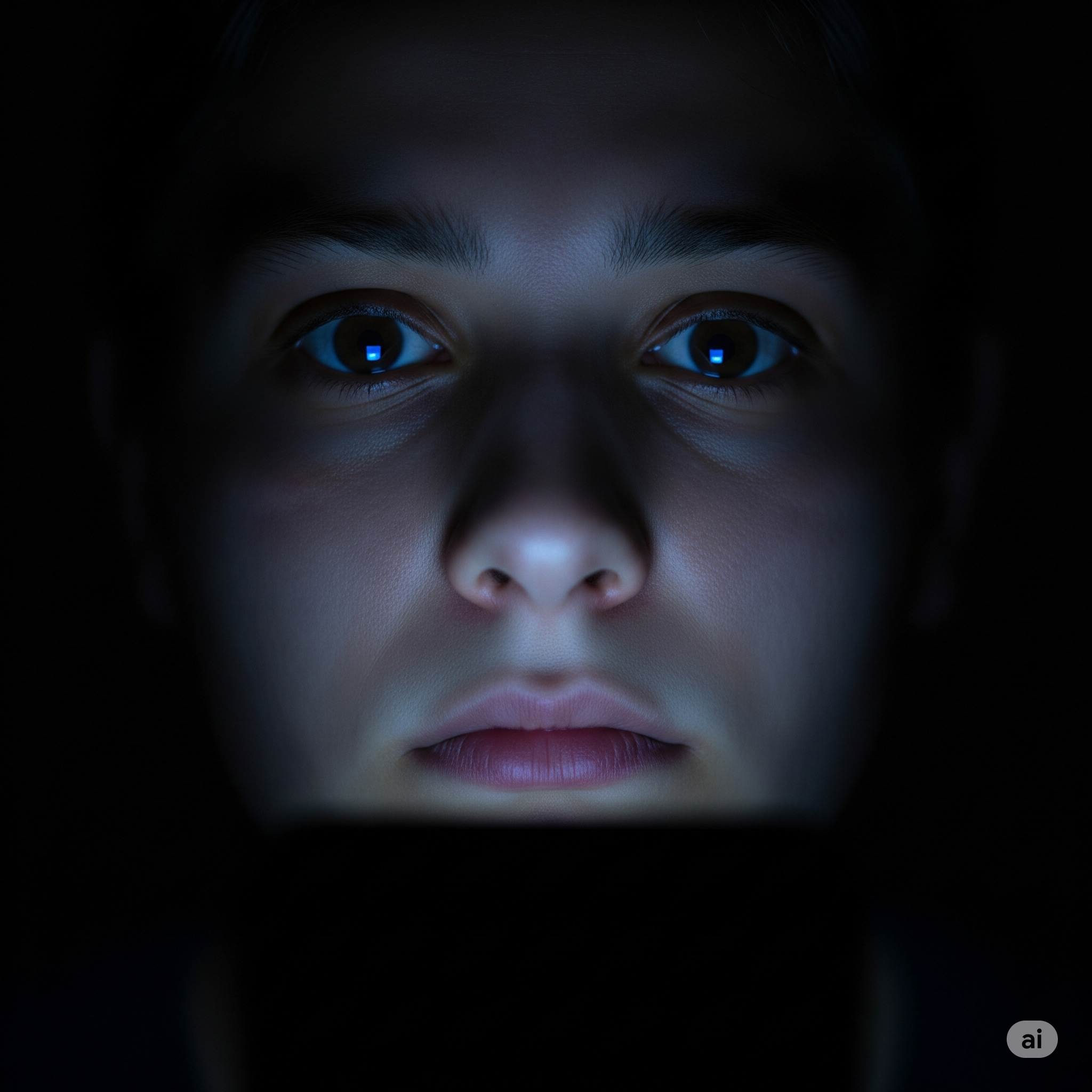 Rostro de una persona iluminado por la pantalla de un teléfono